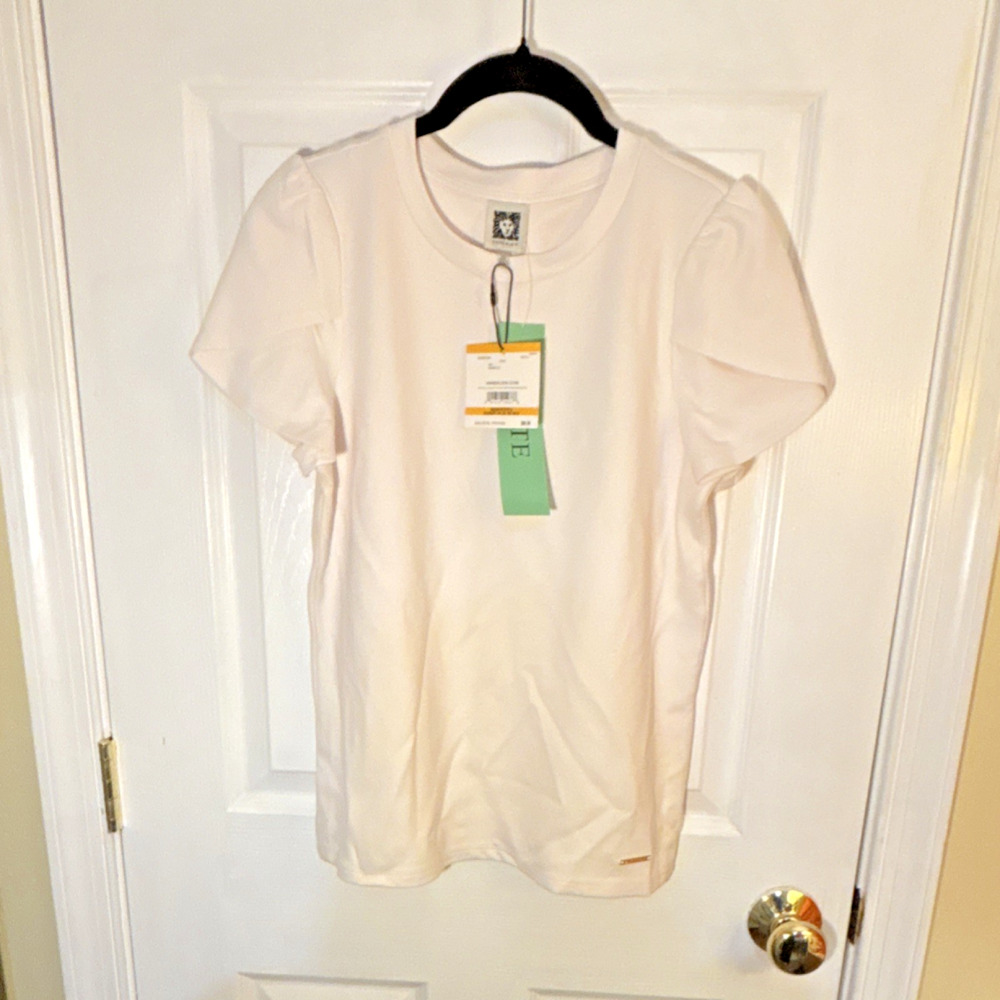 Anne Klein Ivory Knit Logo Tulip Sleeve Crew Neck T-Shirt PS Petite Women NWT